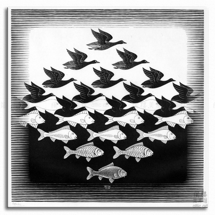 天与水 escher 埃舍尔 视错觉版画装饰画无框有框客厅书房酒吧