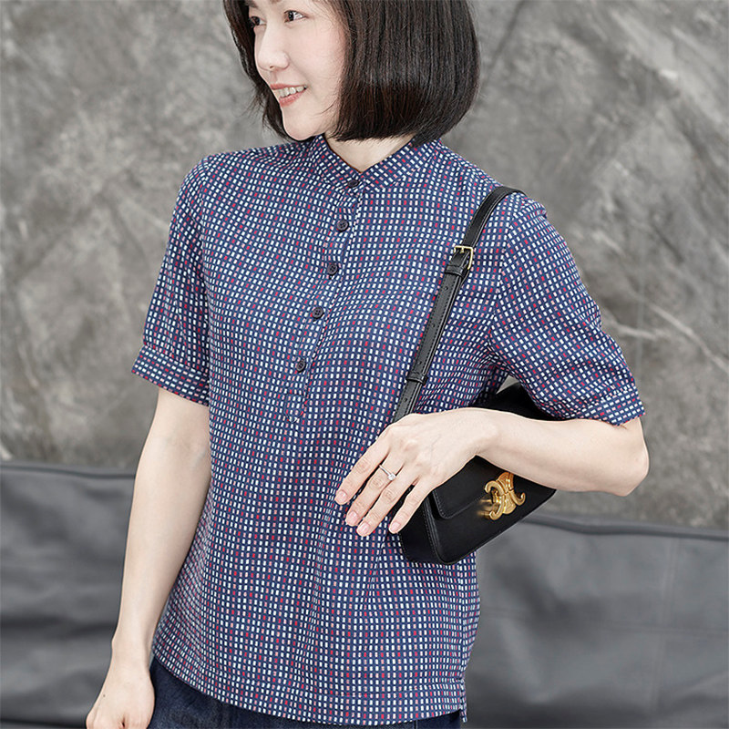 大码立领纯棉全棉蓝色格子衬衫女款2026新款短袖衬衣中年妈妈宽松图片