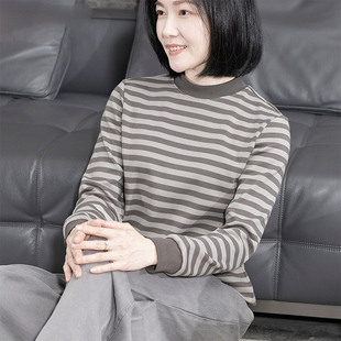 纯棉条纹长袖半高领打底衫女内搭中年T恤大码宽松加厚秋冬装上衣
