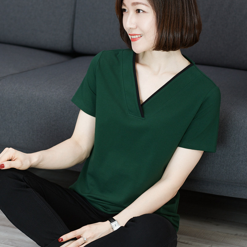 纯棉V领丅短袖t恤女鸡心领中年妈妈夏装全棉宽松半袖上衣体桖大码