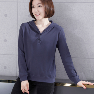 长袖t恤连帽带帽卫衣女春秋薄款纯棉宽松全棉中年妈妈秋装打底衫