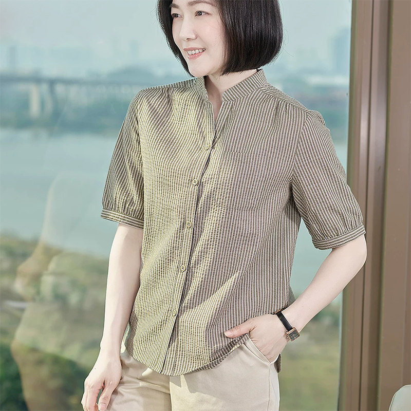 大码立领纯棉全棉绿色条纹衬衫女款2026新款短袖衬衣中年妈妈宽松图片