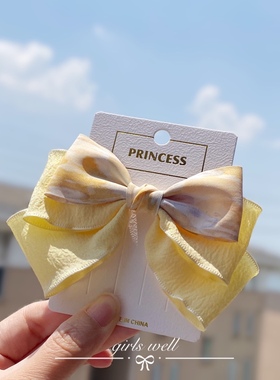 手工儿童韩国蝴蝶结发夹黄色蕾丝公主气质多层褶皱女孩卡女童发饰
