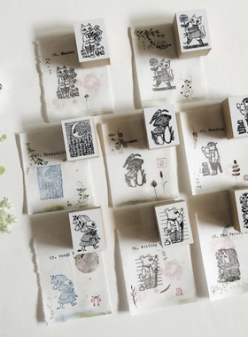 ｛现｝日本小众作家 Ryoko Ishii白漆面印章 猫咪拿花 兔子