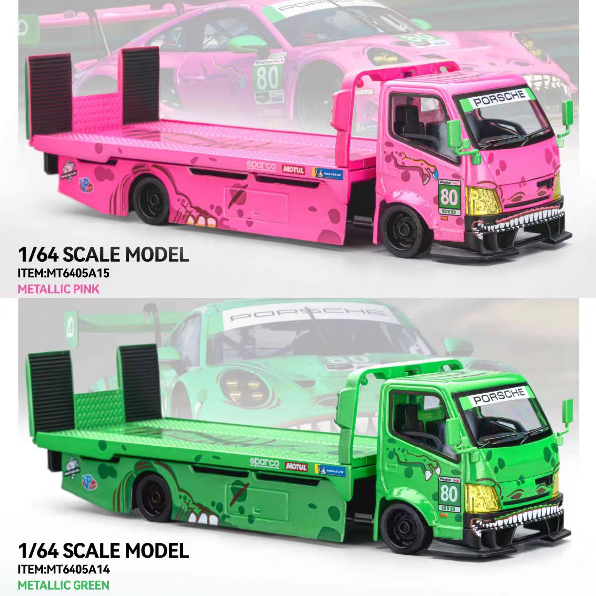 预售Micro Turbo MT 1/64 改装拖车保时捷运输车绿恐龙粉恐龙