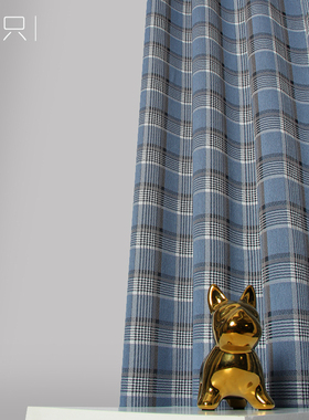 2023新款棉麻现代简约复古轻奢风格色织蓝色格子格纹窗帘卧室书房