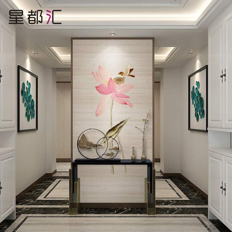 定制新中式玄关壁纸画墙纸壁画墙布走廊过道背景墙装饰画竖版荷花