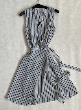 【S码】Lilysilk莉莉秀客女士9705竖条纹桑蚕丝真丝无袖连衣裙
