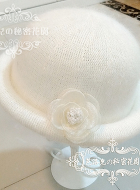 水晶花朵白色秋冬女花朵蝴蝶结日系盆帽渔夫帽子礼帽 d022-13/04