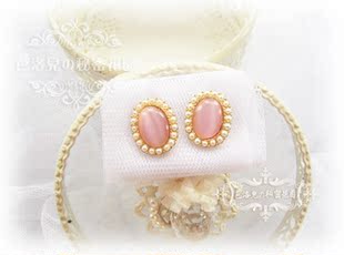 韩国猫眼粉晶宝石珍珠复古宫廷钻奢华公主女饰品耳环耳针 5054