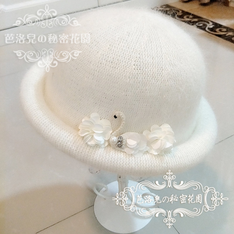 甜美天鹅蕾丝球球秋冬女花朵蝴蝶结日系盆帽渔夫帽子 d022-03/14