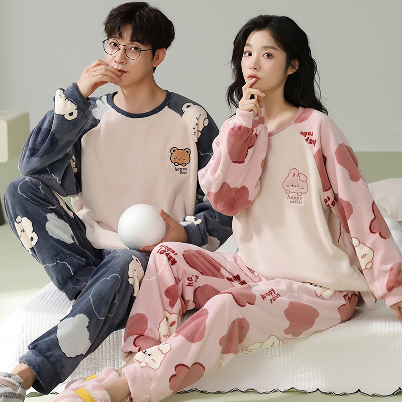 珊瑚绒情侣睡衣冬季加厚加绒男女2025新款可爱卡通秋冬家居服套装