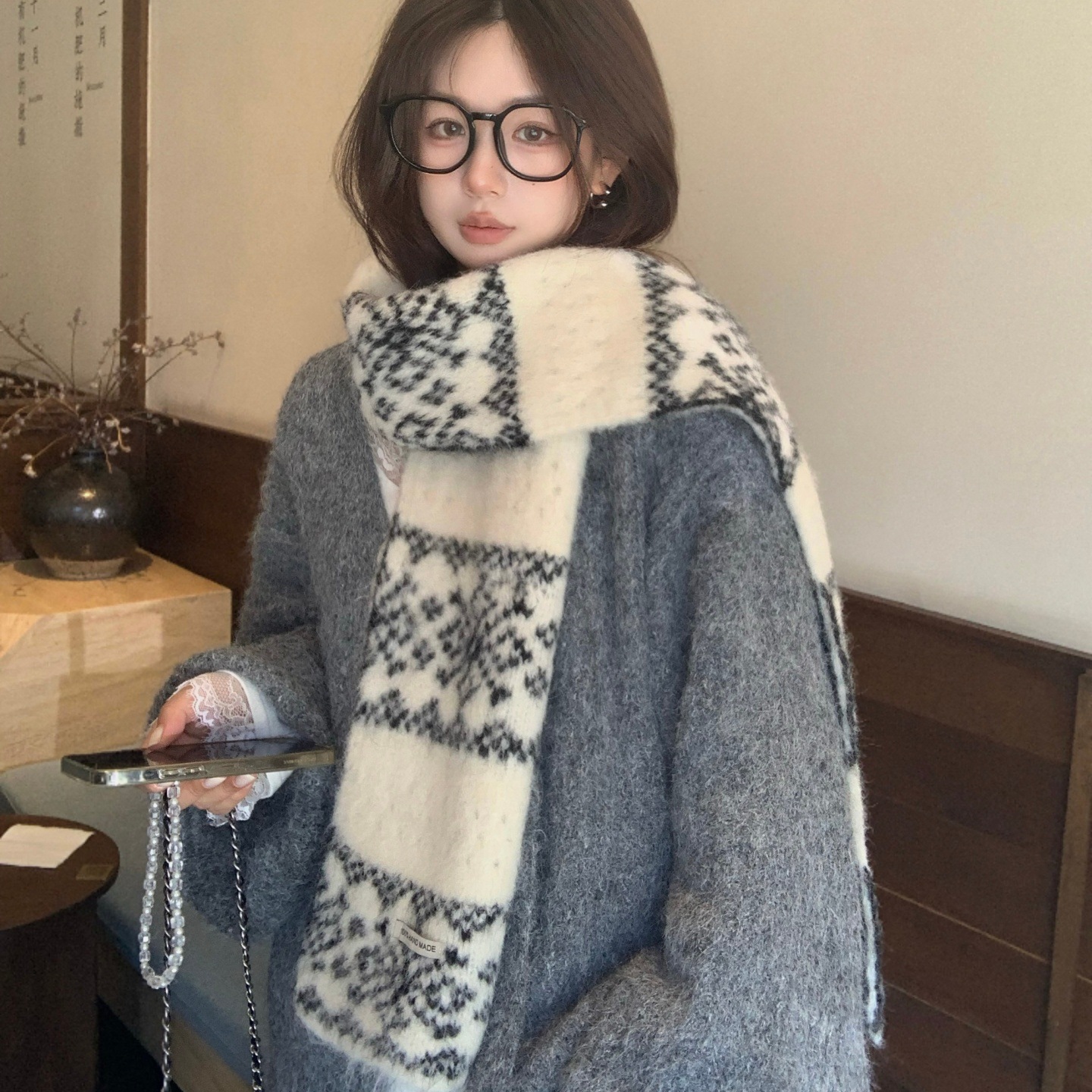 费尔岛提花氛围感含羊毛针织围巾女冬季新款加厚保暖复古披肩围脖