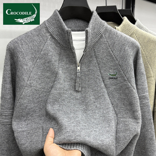 鳄鱼恤男士半高拉链立领针织衫冬季保暖加厚半高领毛衣男潮流上衣