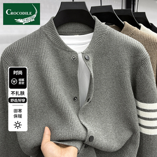 鳄鱼恤毛衣开衫外套男款秋冬季时尚休闲棒球领针织衫条纹潮流上衣