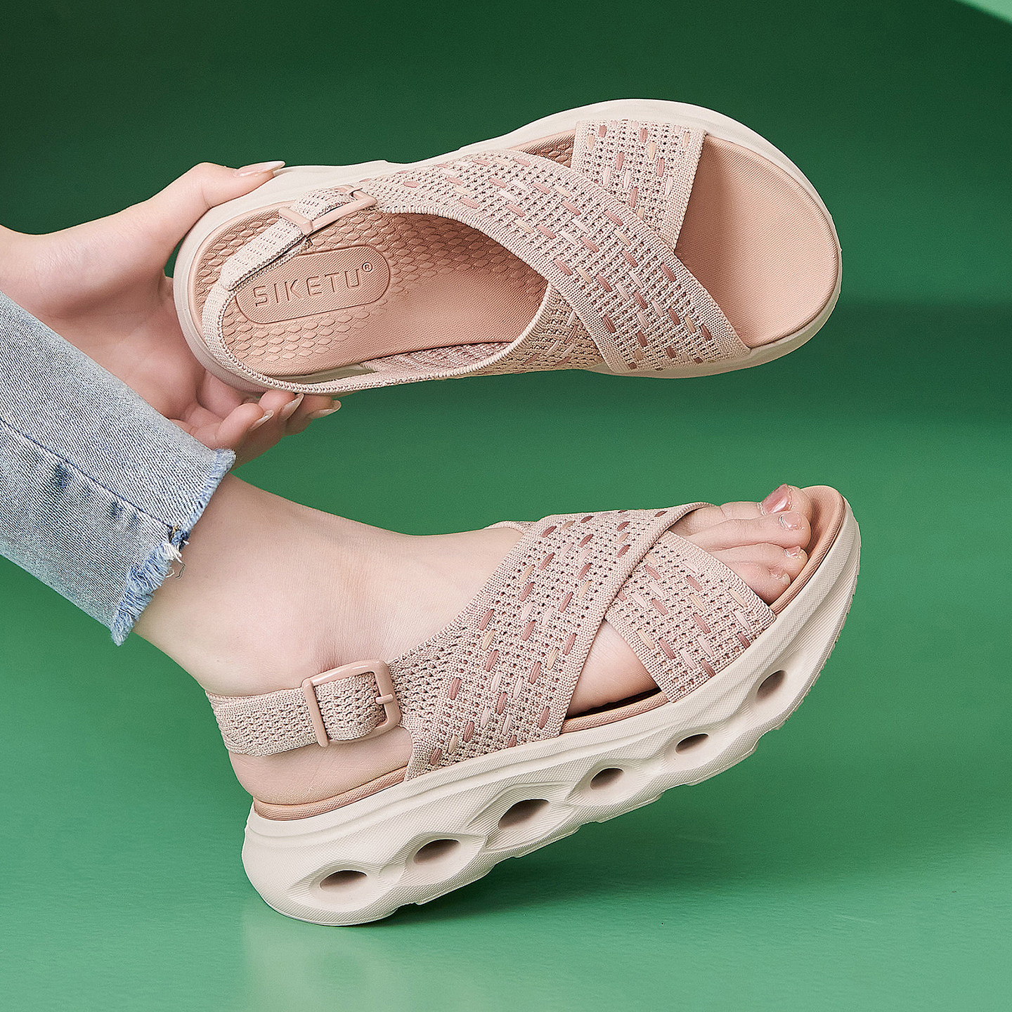 交叉带厚底运动休闲凉鞋女夏2026新款镂空轻便舒适飞织魔术贴女鞋,女鞋,休闲凉鞋,淘宝优惠券,粉丝福利购,淘宝优惠卷