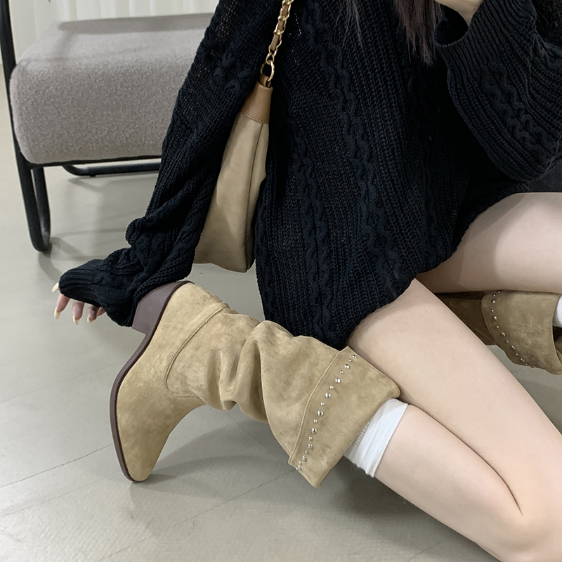 法式尖头堆堆靴子女新品韩女可反折粗跟显瘦高筒靴气质通勤御女风