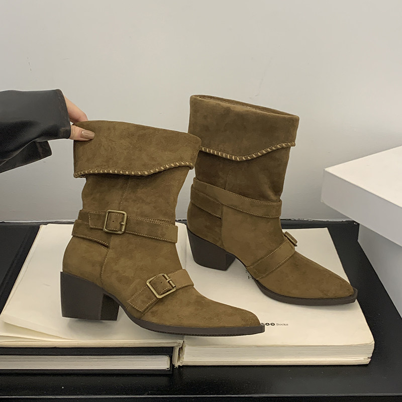 法式复古尖头短靴2穿可反折显瘦堆堆靴粗跟通勤小众中筒靴女靴子