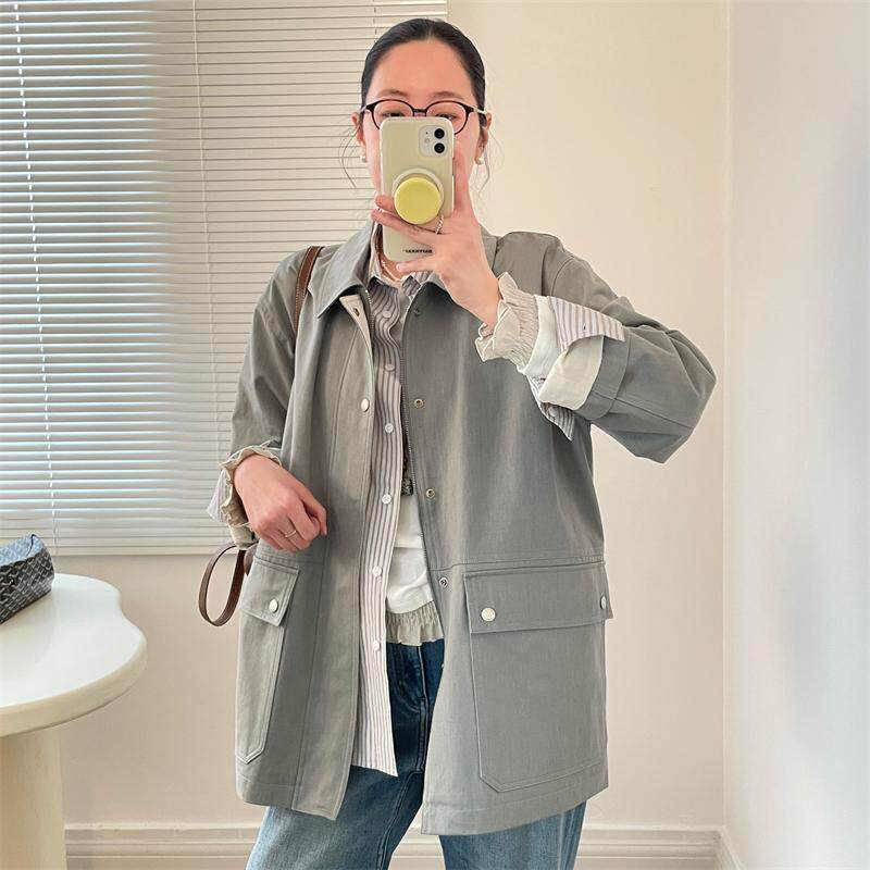 挺括质感宽松中长款百搭日系复古休闲工装风风衣外套翻领夹克女春