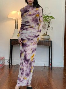 紫色扎染印花褶皱堆褶显瘦修身 连衣裙 长袖 23秋冬新款 Deplumer