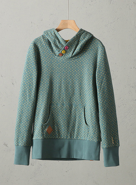 易网优选品质女装 女式全棉拉绒连帽圆点秋冬款套头休闲绒衫卫衣