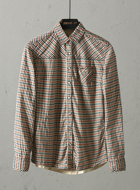 51SHOP女装 女士休闲格纹全棉长袖口袋款文艺范衬衫上衣