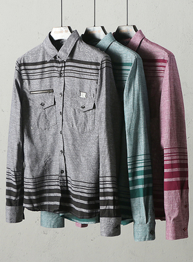 51SHOP男装 休闲时尚男装 秋冬款 男士个性条纹纯棉长袖衬衫