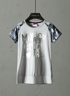 51SHOP童装 儿童夏款短袖T恤衫户外休闲拼接圆领中小女童上衣