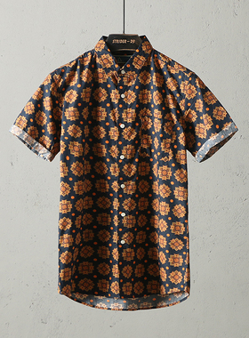 51SHOP男装 男士休闲印花短袖衬衫夏款纯棉时尚花上衣