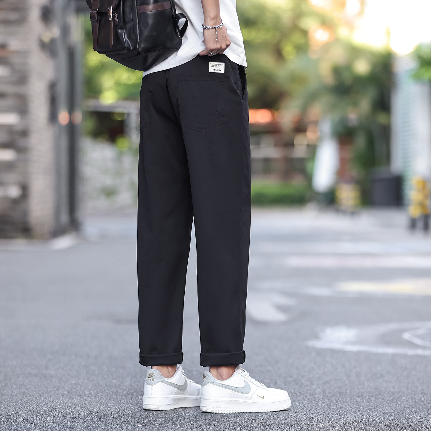 休闲风男士黑色宽松直筒九分裤薄款百搭休闲男裤松紧腰休闲裤夏季