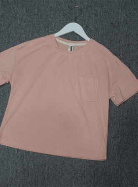 MIX 家 欧美系  女装柔软面料口袋圆领休闲短袖  藕粉 白色