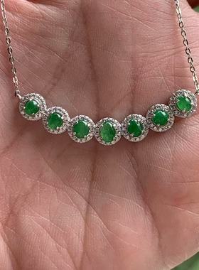 缅甸天然A货翡翠项链糯冰绿色蛋面镶嵌套链4.5mmS925银锆石镶嵌