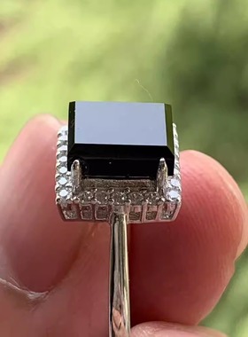 缅甸天然A货翡翠戒指黑色墨翠方形裸石戒指S925银锆石镶嵌活扣