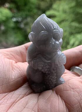 缅甸玉缅甸A货翡翠灰色黑乌鸡小猴子申猴翡翠摆件茶宠一物一证