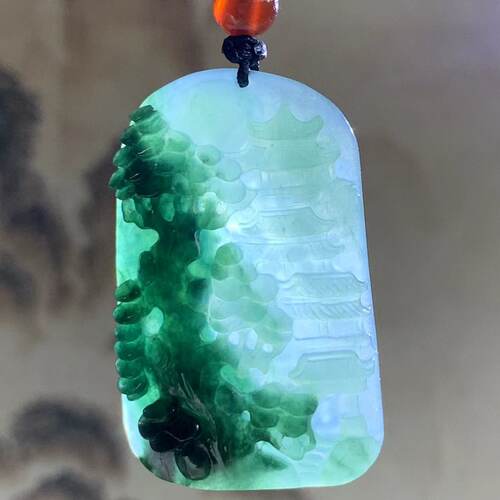 缅甸翡翠吊坠深蓝色山水牌挂件
