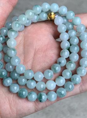 缅甸翡翠项链A货冰种晴水绿飘花卡8.3mm淡蓝色项链圆珠翡翠项链