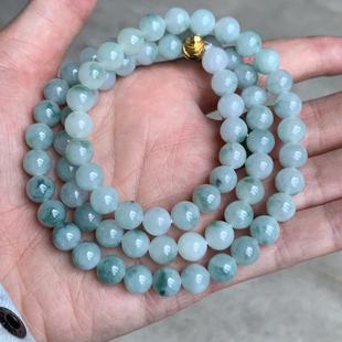 缅甸翡翠项链A货冰种晴水绿飘花卡8.3mm淡蓝色项链圆珠翡翠项链