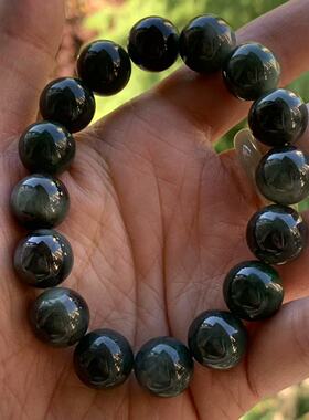 缅甸玉缅甸A货翡翠手串黑色乌鸡浅绿底圆珠手串13.6mm一物一证