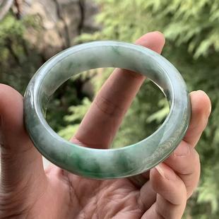 缅甸A货翡翠手镯军绿色底飘阳绿正圈手镯14.2 54.8mm一物一证
