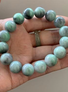 缅甸天然A货翡翠手串阳绿色飘花乌鸡黑色圆珠手串12.7mm一物一证