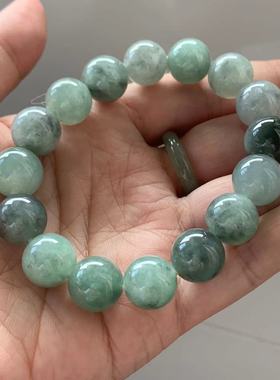 缅甸翡翠手串A货糯冰黑色绿色底乌鸡圆珠手串手链13.3mm一物一证