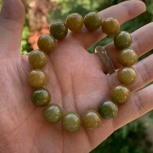 缅甸A货翡翠黄翡黄加绿手串13mm
