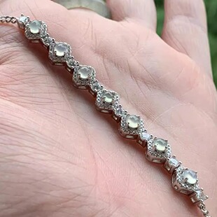 缅甸天然A货翡翠手链白冰起荧蛋面镶嵌手串4+mmS925银锆石镶嵌