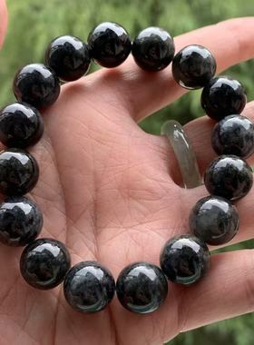 缅甸翡翠手串天然A货黑色乌鸡手串卡13.4mm翡翠圆珠手链一物一证