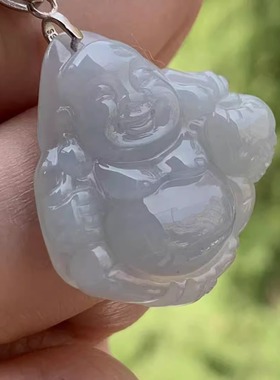 缅甸A货翡翠吊坠淡蓝色玉佛公挂件弥勒佛布袋佛S925银扣头项链