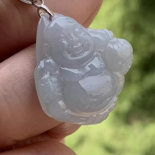 缅甸玉佛翡翠A货淡蓝色佛公挂件