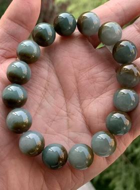 缅甸玉翡翠天然A货手串蓝色底黄翡半山半水聚宝盆圆珠手串13.6mm