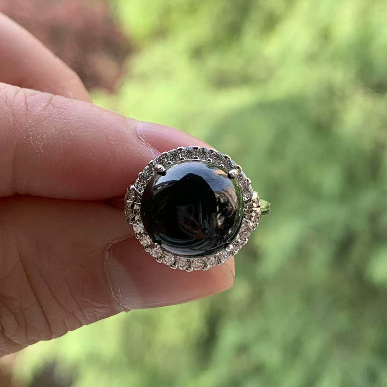 缅甸天然A货翡翠戒指黑色墨翠蛋面裸石戒指S925银锆石镶嵌活扣