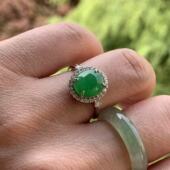 缅甸天然A货翡翠戒指裸石绿色蛋面戒指10 8.5 3mmS925锆石镶嵌