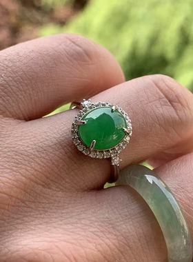 缅甸天然A货翡翠戒指裸石绿色蛋面戒指10/8.5/3mmS925锆石镶嵌